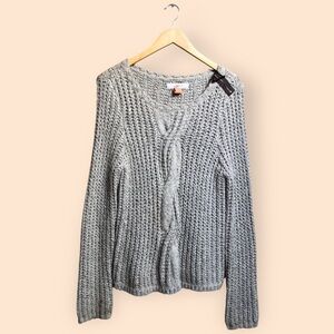 Ann Taylor LOFT Chunky Knit Woven Sweater Shoulder Zipper Grey Women’s Large